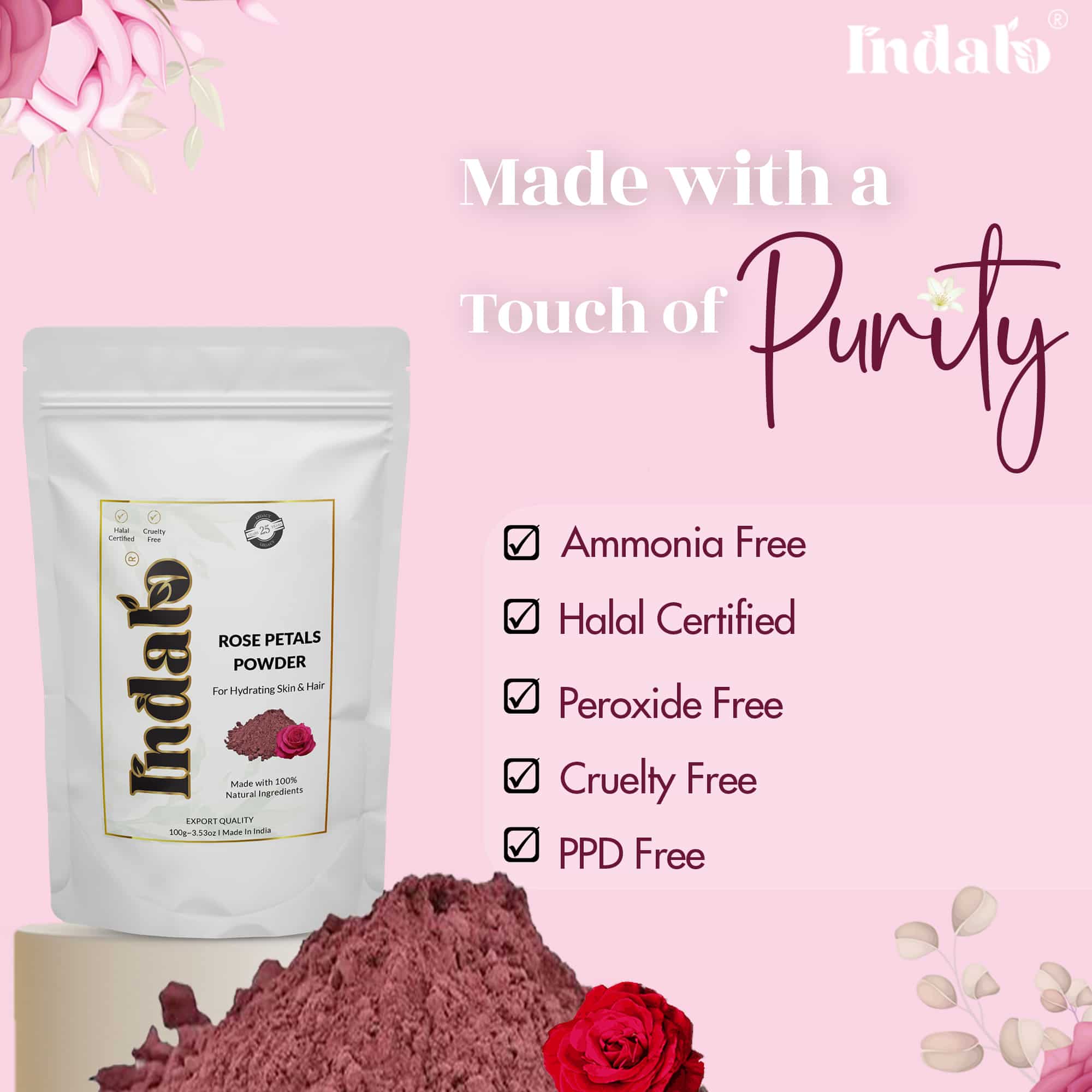 100% Natural Rose Petal Powder for Glowing Skin & Healthy Hair – Indalo